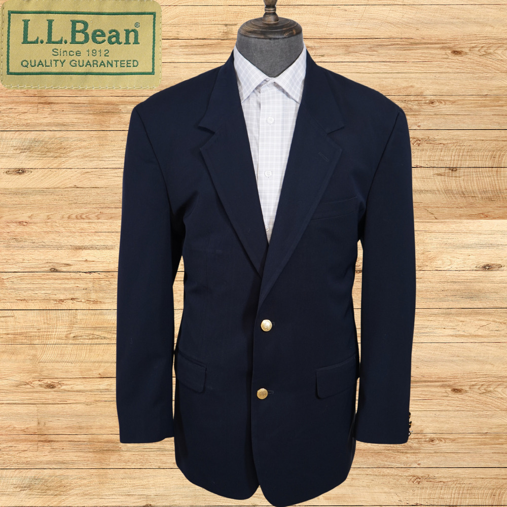 LL Bean Blazer Mens 44R Navy Blue Polyester Gold Button Outdoors Travel USA